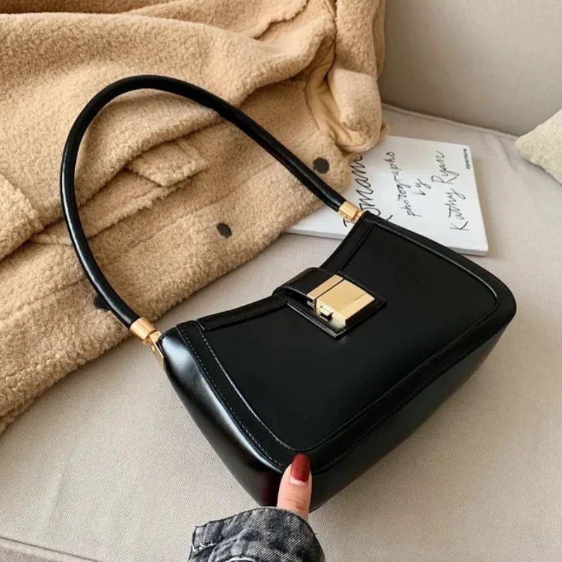 Solid PU Leather Trendy Lock Shoulder Bag