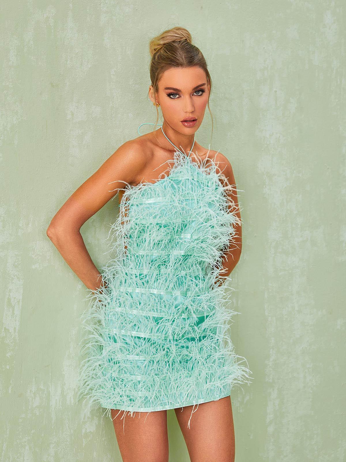 Feather Halter Neck Bodycon Mini Dress