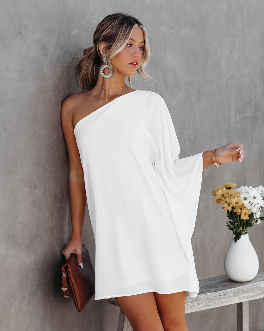 Side To Side One Shoulder Statement Dress - White - Fashionpara