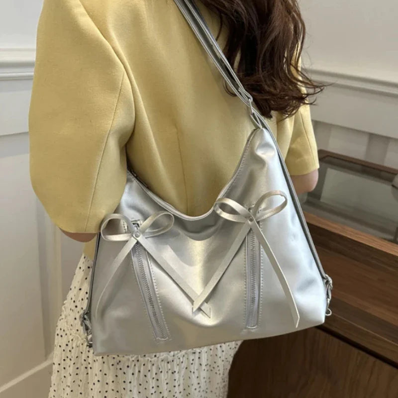 Silver Bow PU Leather Shoulder Bag