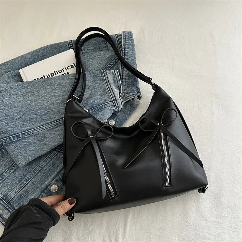 Silver Bow PU Leather Shoulder Bag - Fashionpara