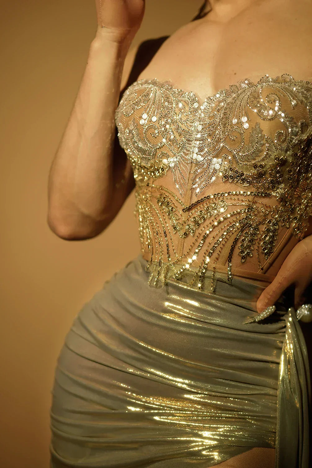 Embellished Strapless Corset High Slit Mini Dress