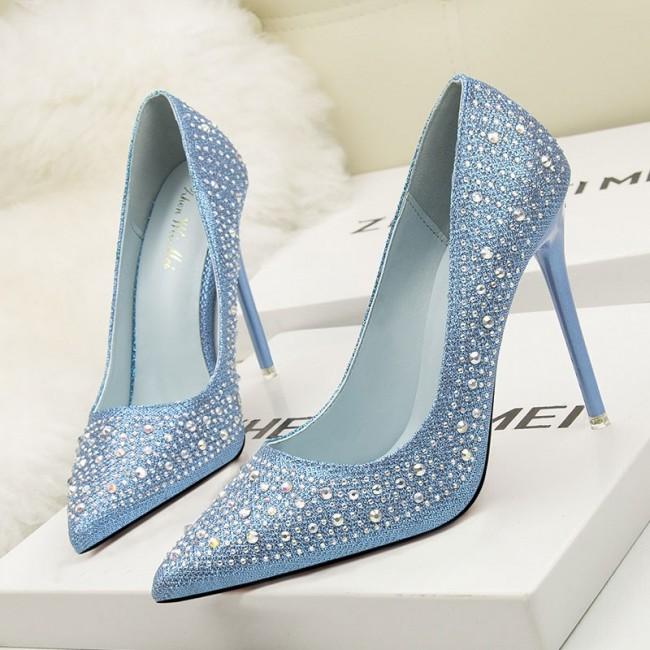Silver Rhinestone Pointed Toe Stiletto Heels Shoes - Mislish
