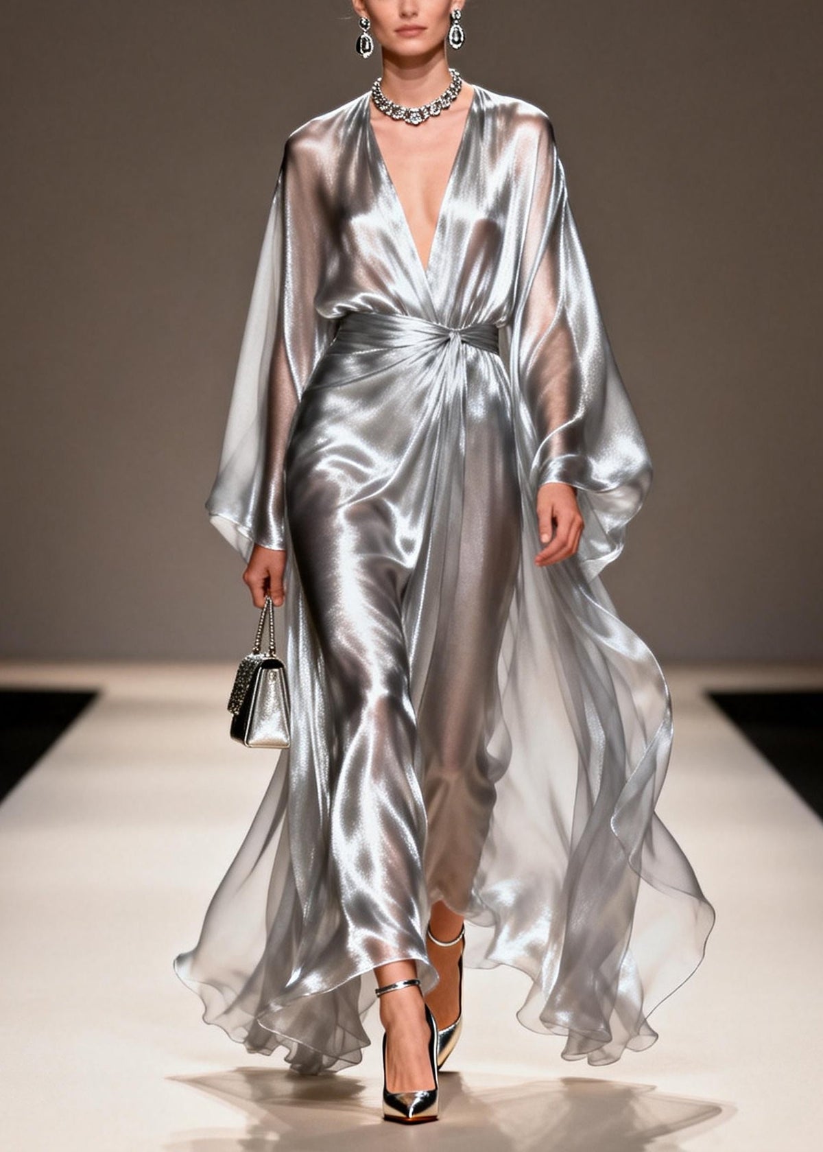 Satin Deep V-Neck Twisted Waist Metallic Cape Sleeve Maxi Gown