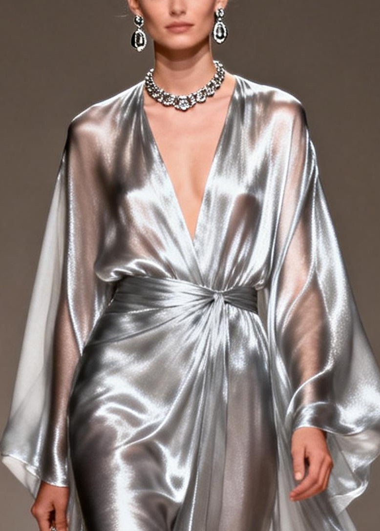 Satin Deep V-Neck Twisted Waist Metallic Cape Sleeve Maxi Gown - View 2