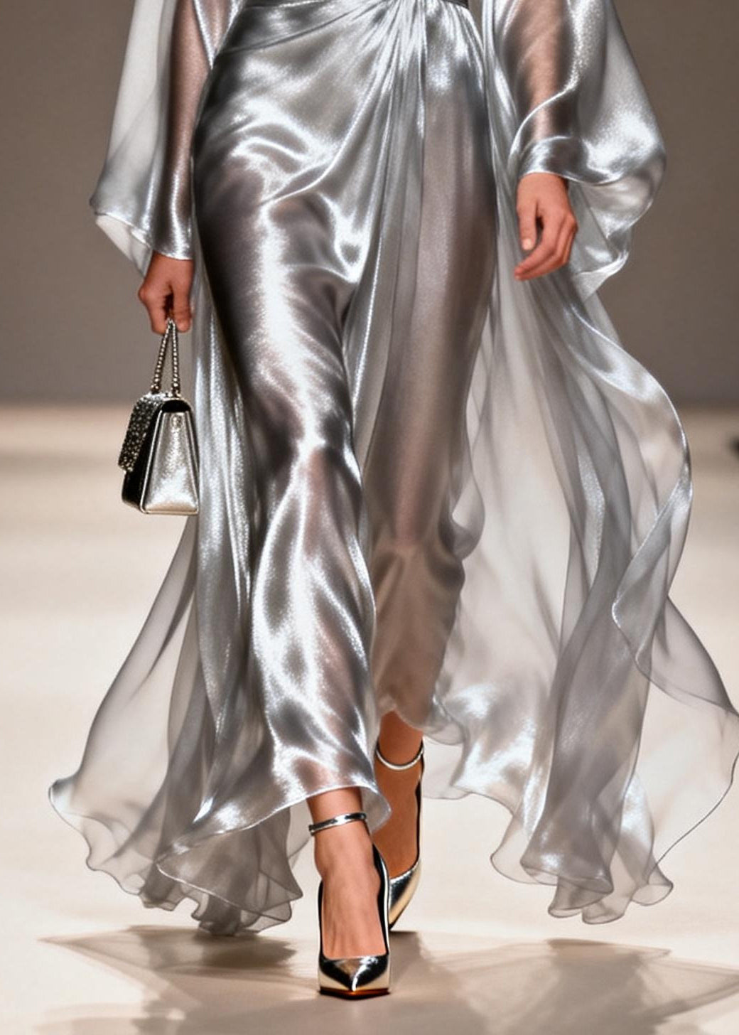 Satin Deep V-Neck Twisted Waist Metallic Cape Sleeve Maxi Gown - View 4