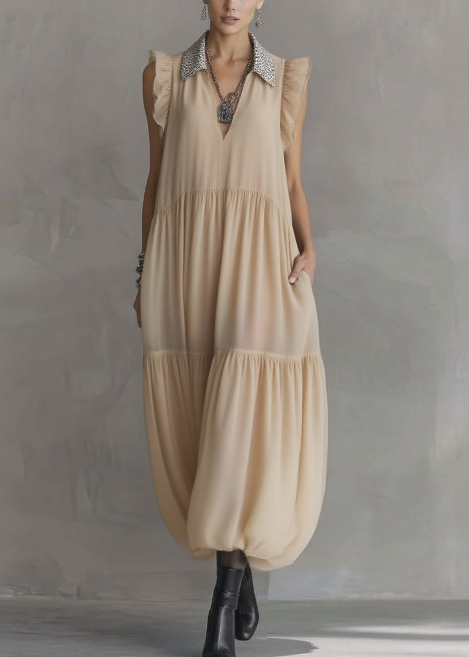 Simple Apricot Peter Pan Collar Wrinkled Solid Chiffon Maxi Dresses Summer - View 5