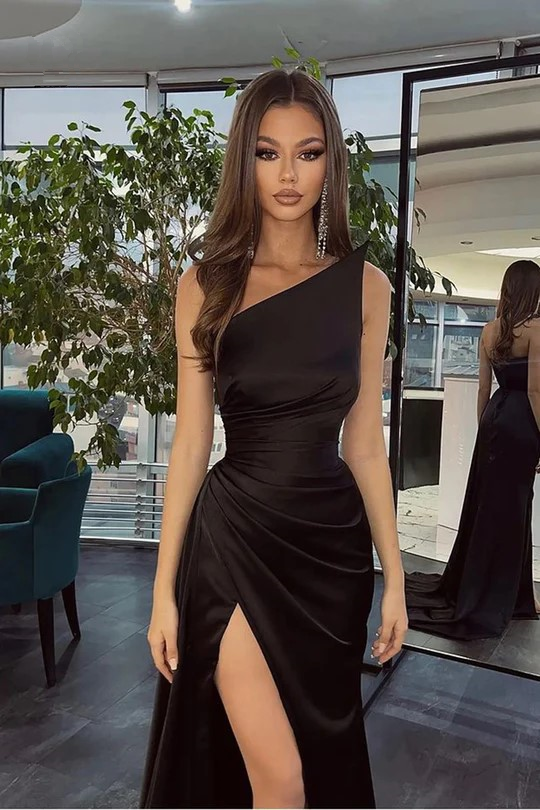 Simple Black Long One Shoulder Slit Mermaid Prom Evening Dresses