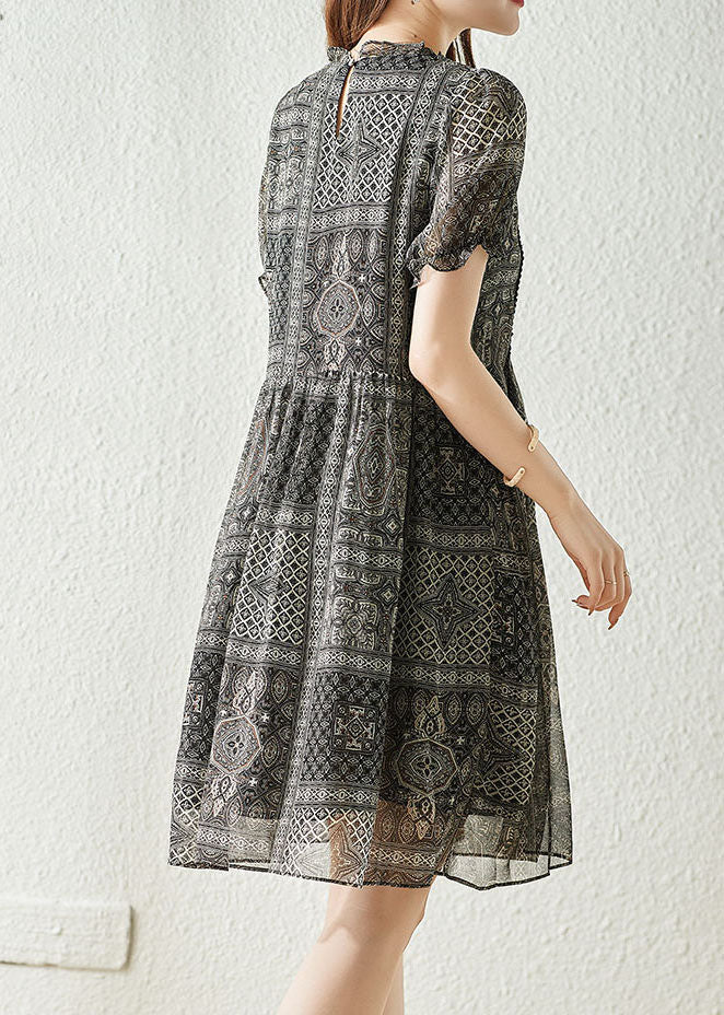 Chiffon Geometric Print Round Neck Puff Sleeve A-Line Midi Dress - View 5