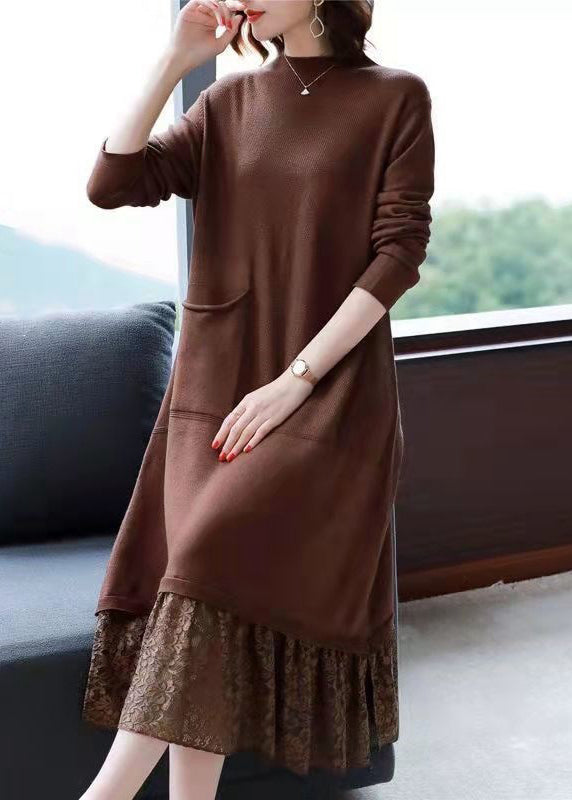 Knit Mock Neck Long Sleeve Patch Pocket Lace Panel Hem Midi Dress