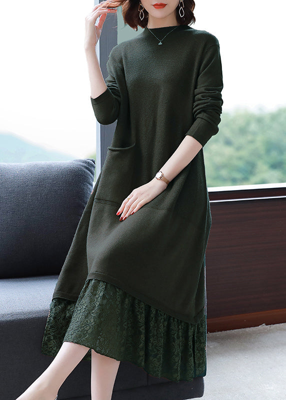 Knit Mock Neck Long Sleeve Patch Pocket Lace Panel Hem Midi Dress - View 2