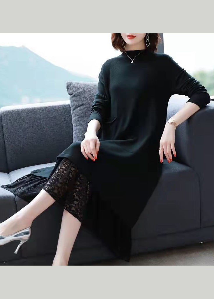 Knit Mock Neck Long Sleeve Patch Pocket Lace Panel Hem Midi Dress - View 3