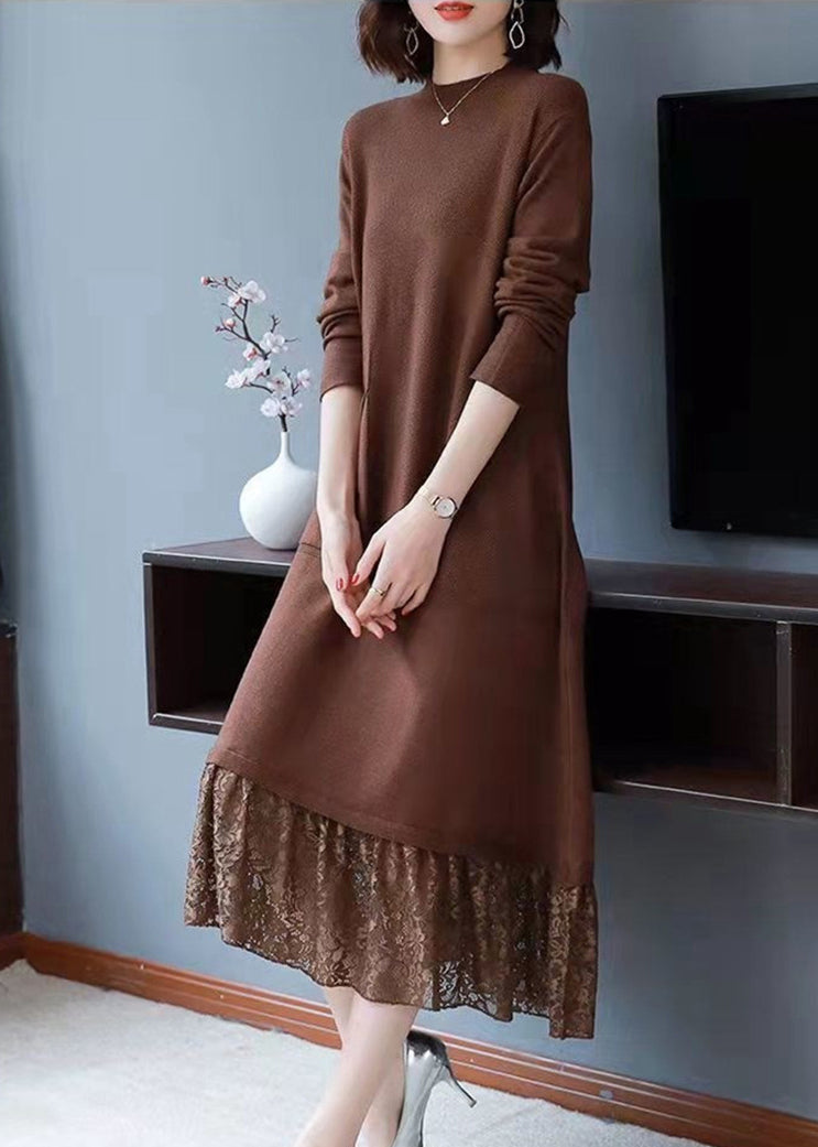 Knit Mock Neck Long Sleeve Patch Pocket Lace Panel Hem Midi Dress - View 4
