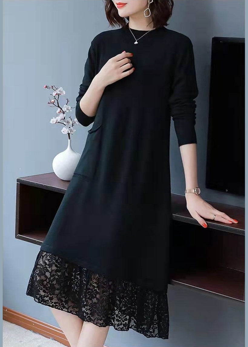 Knit Mock Neck Long Sleeve Patch Pocket Lace Panel Hem Midi Dress - View 5