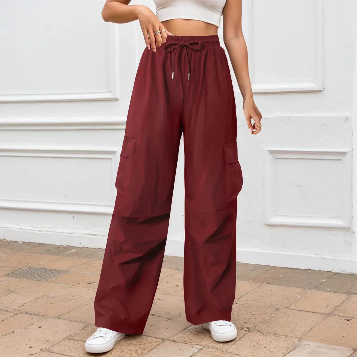 High Waist Drawstring Wide Leg Cargo Parachute Pants