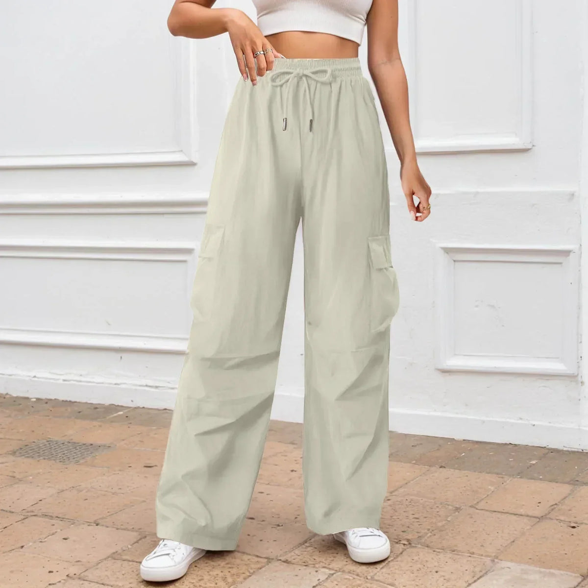Casual Solid Color Wide Leg Pants Beige / S