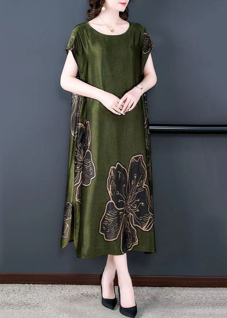 Satin Round Neck Short Sleeve Large Floral Print Shift Midi Dress