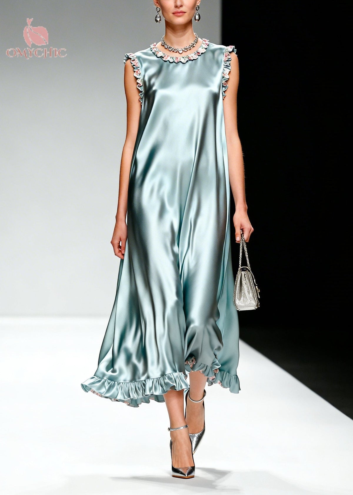 Satin Sleeveless Ruffle Trim Floral Detail A-Line Midi Dress