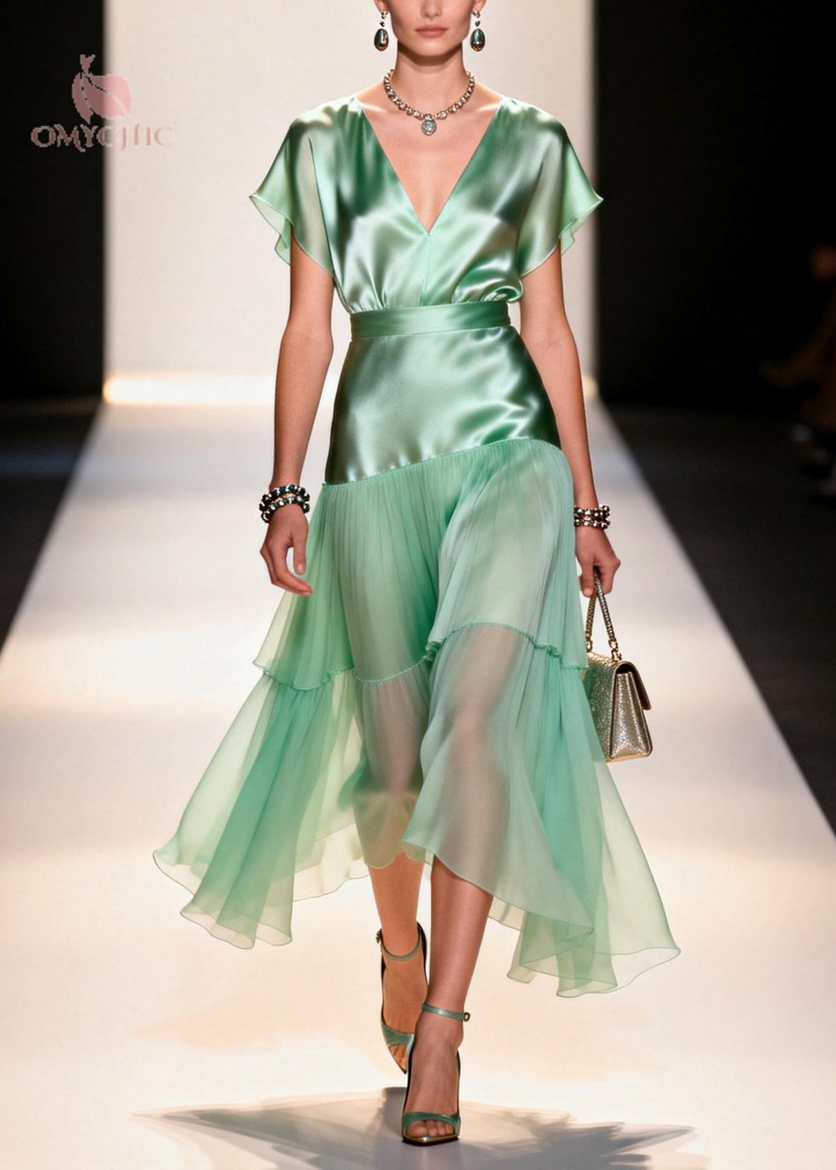 Satin Bodice Chiffon Tiered Pleated Flutter Sleeve Midi Dress
