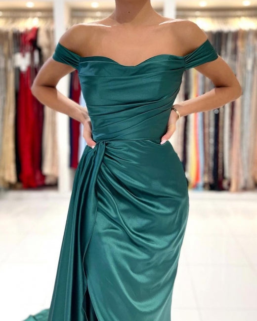 Simple Long Dark Green Off-the-shoulder Slit Mermaid Prom Evening Dresses