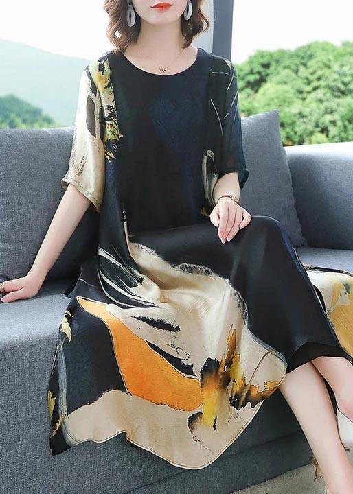 Abstract Brushstroke Print Round Neck Short Sleeve Midi Dress - View 2