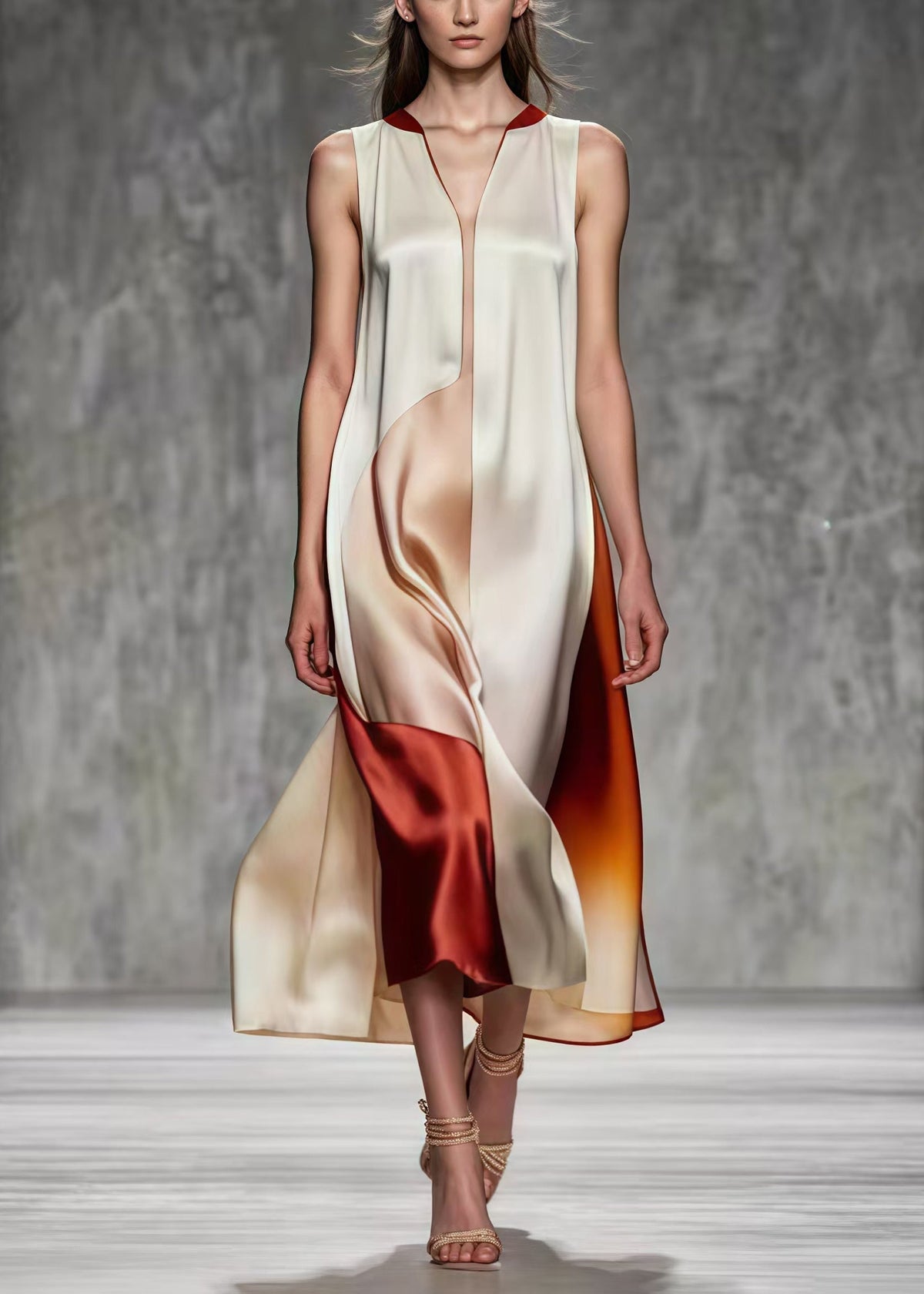 Satin V-Neck Sleeveless Color Block Asymmetric Hem Midi Dress - View 2