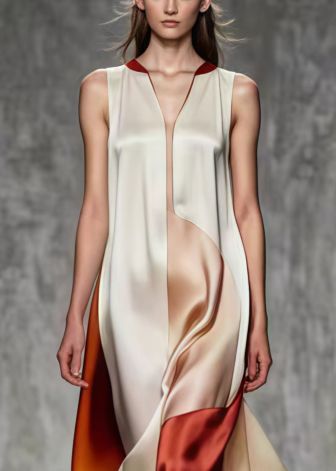 Satin V-Neck Sleeveless Color Block Asymmetric Hem Midi Dress - View 3