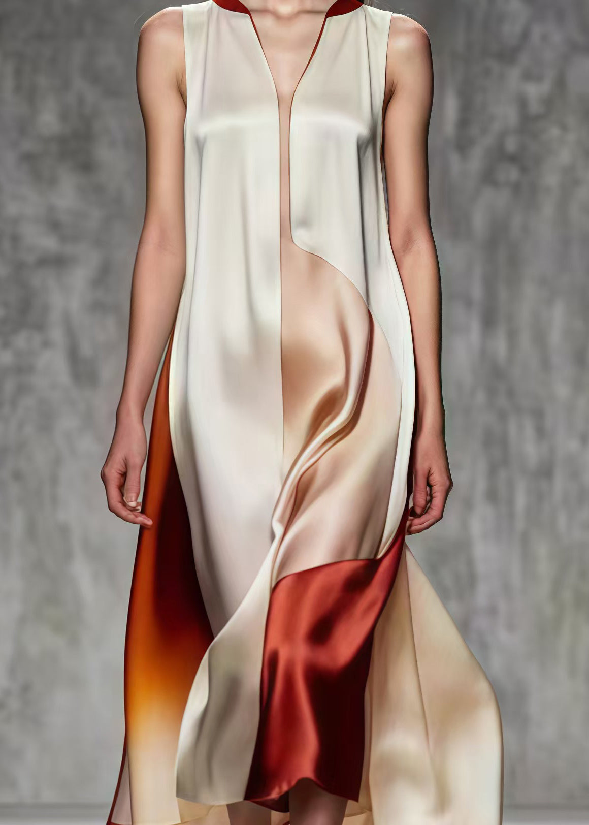 Satin V-Neck Sleeveless Color Block Asymmetric Hem Midi Dress - View 4