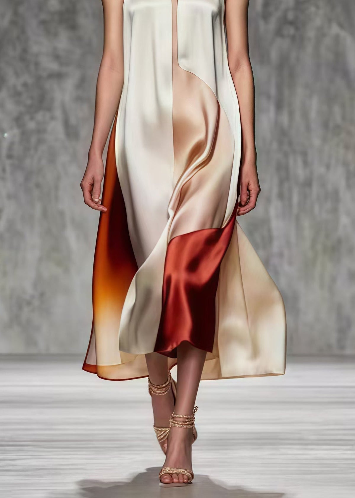 Satin V-Neck Sleeveless Color Block Asymmetric Hem Midi Dress - View 5