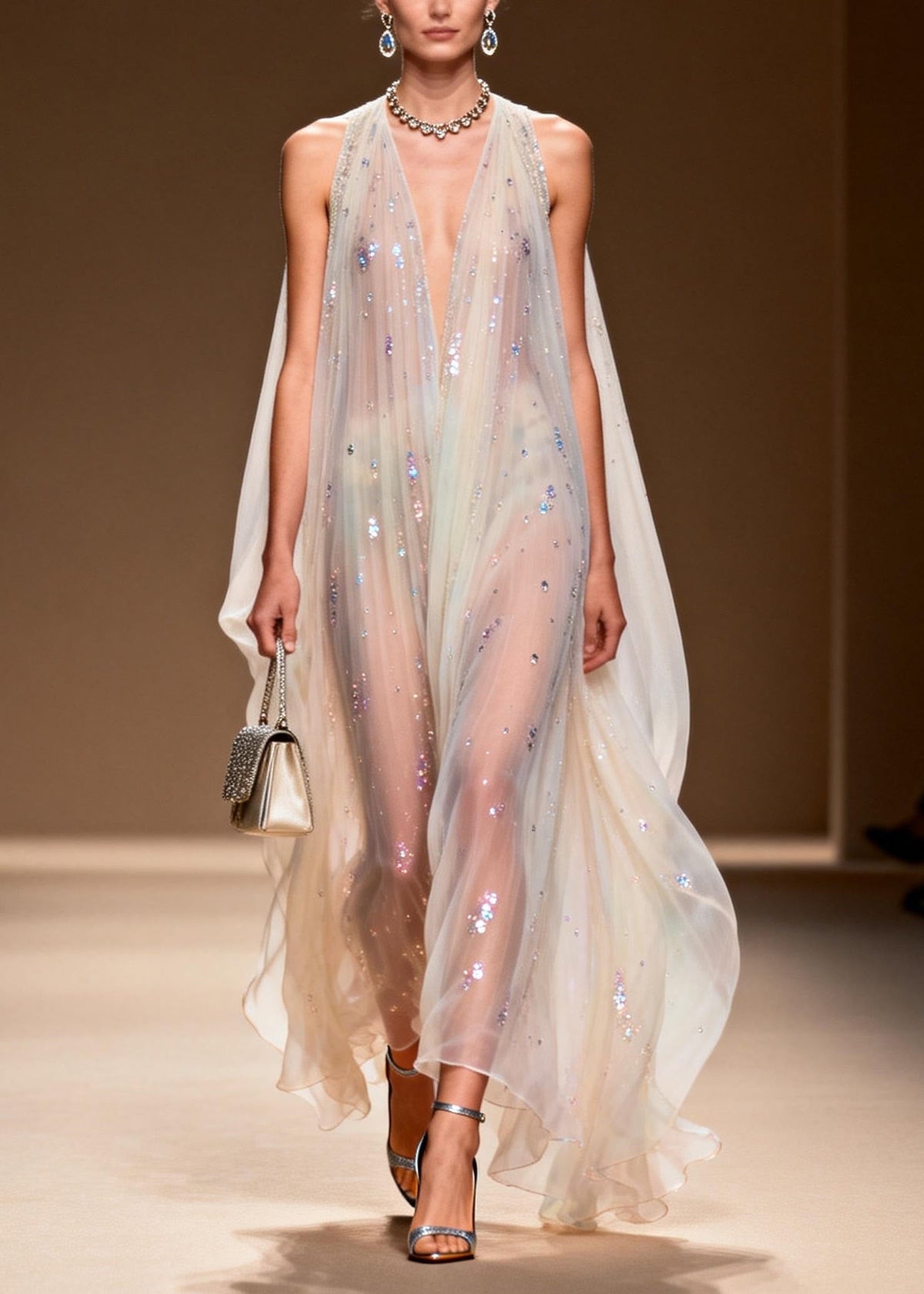 Sequin Scatter Halter Deep V-Neck Pleated Cape Sheer Maxi Gown - View 5