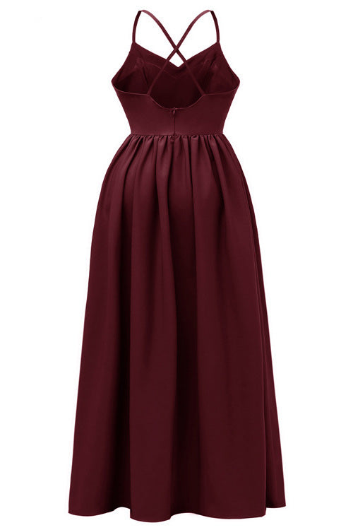 Simple Burgundy A-Line Backless Prom Gown Evening Dress Fashionpara
