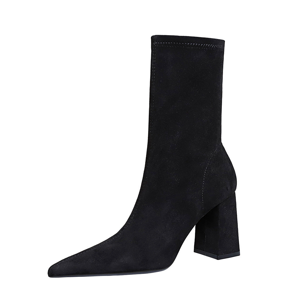 Simple Black Chunky Heel Pointed Toe Short Boots
