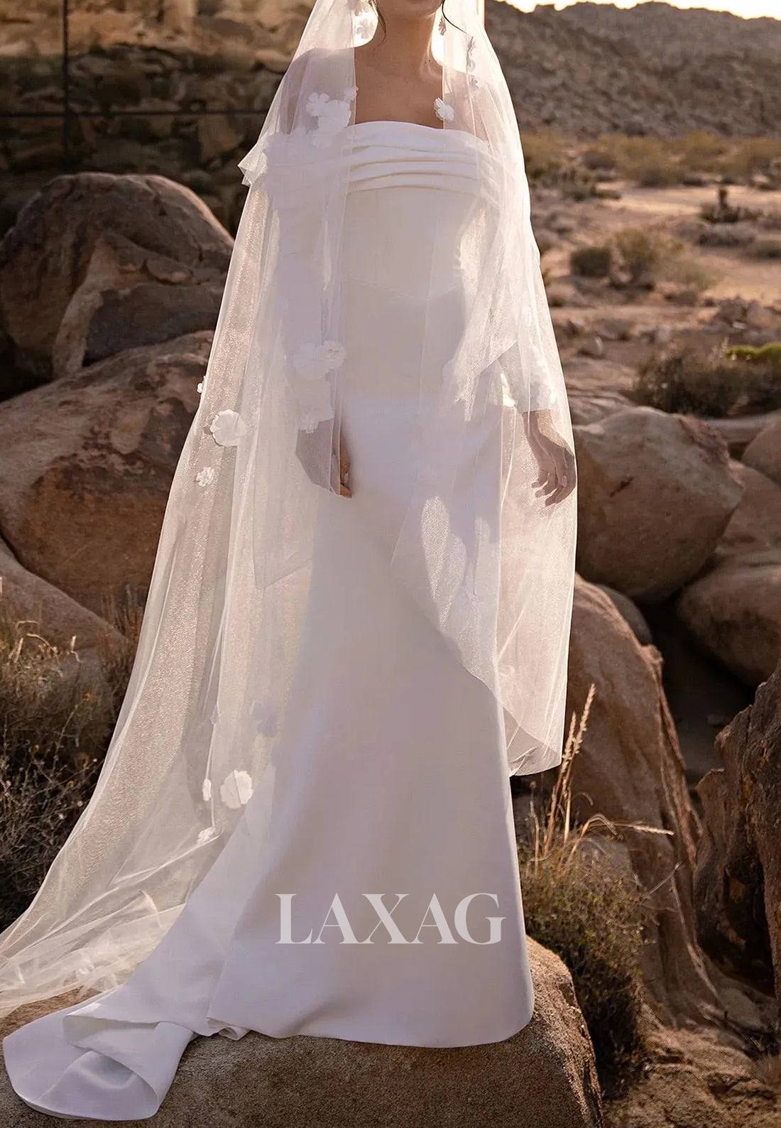 Tube Top Pleated Satin Mermaid Wedding Dress Long-Sleeves Sweep Train Bride Gowns