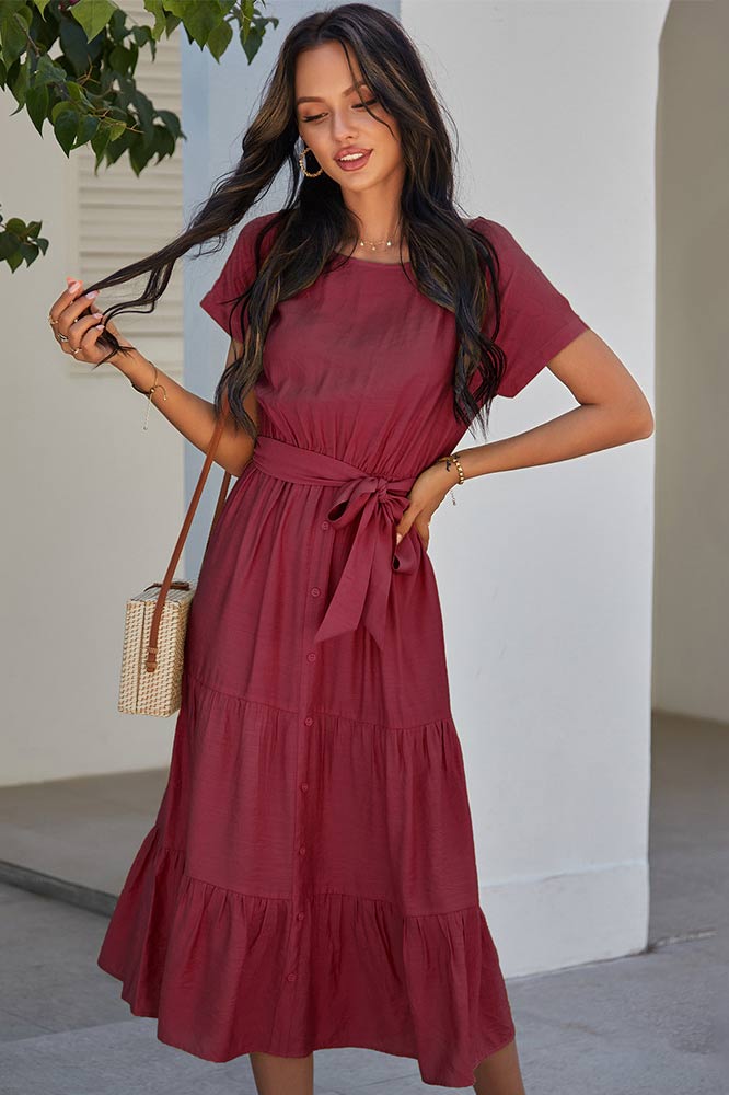 Simple Solid Color Cotton Short Sleeve A-Line Dress