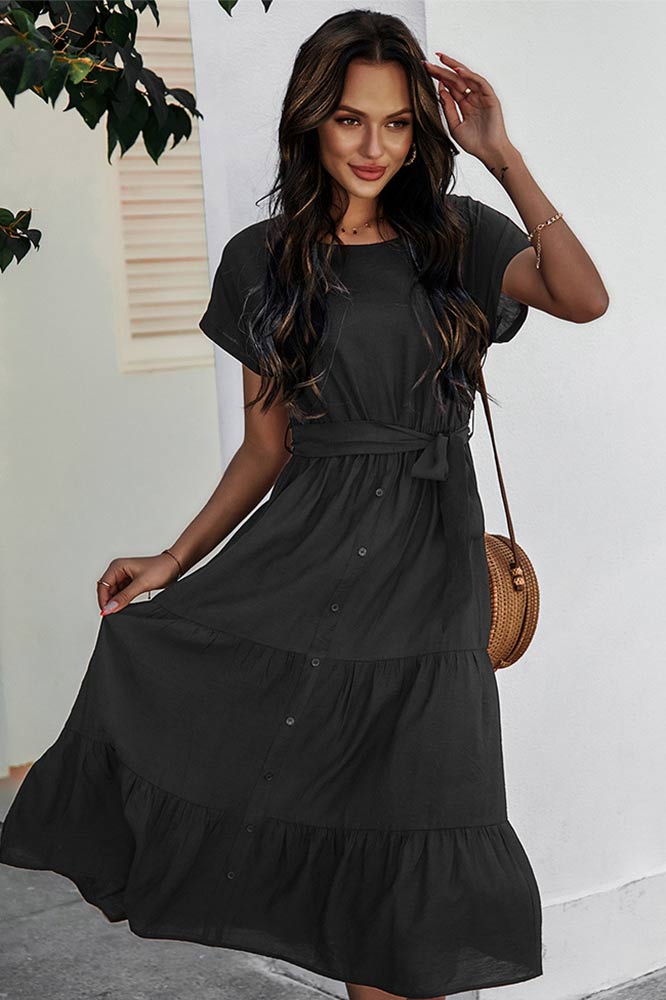 Simple Solid Color Cotton Short Sleeve A-Line Dress