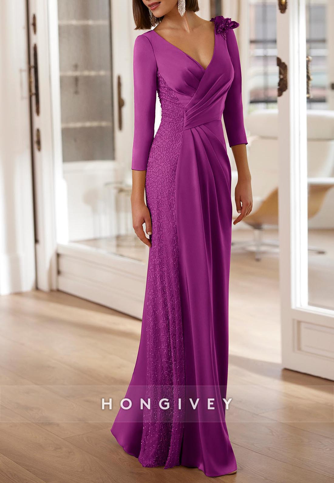 Column Floor-Length V Neck Mother of the Bride 3/4 Sleeve Pleated Shoulder Flower Evening Gow
