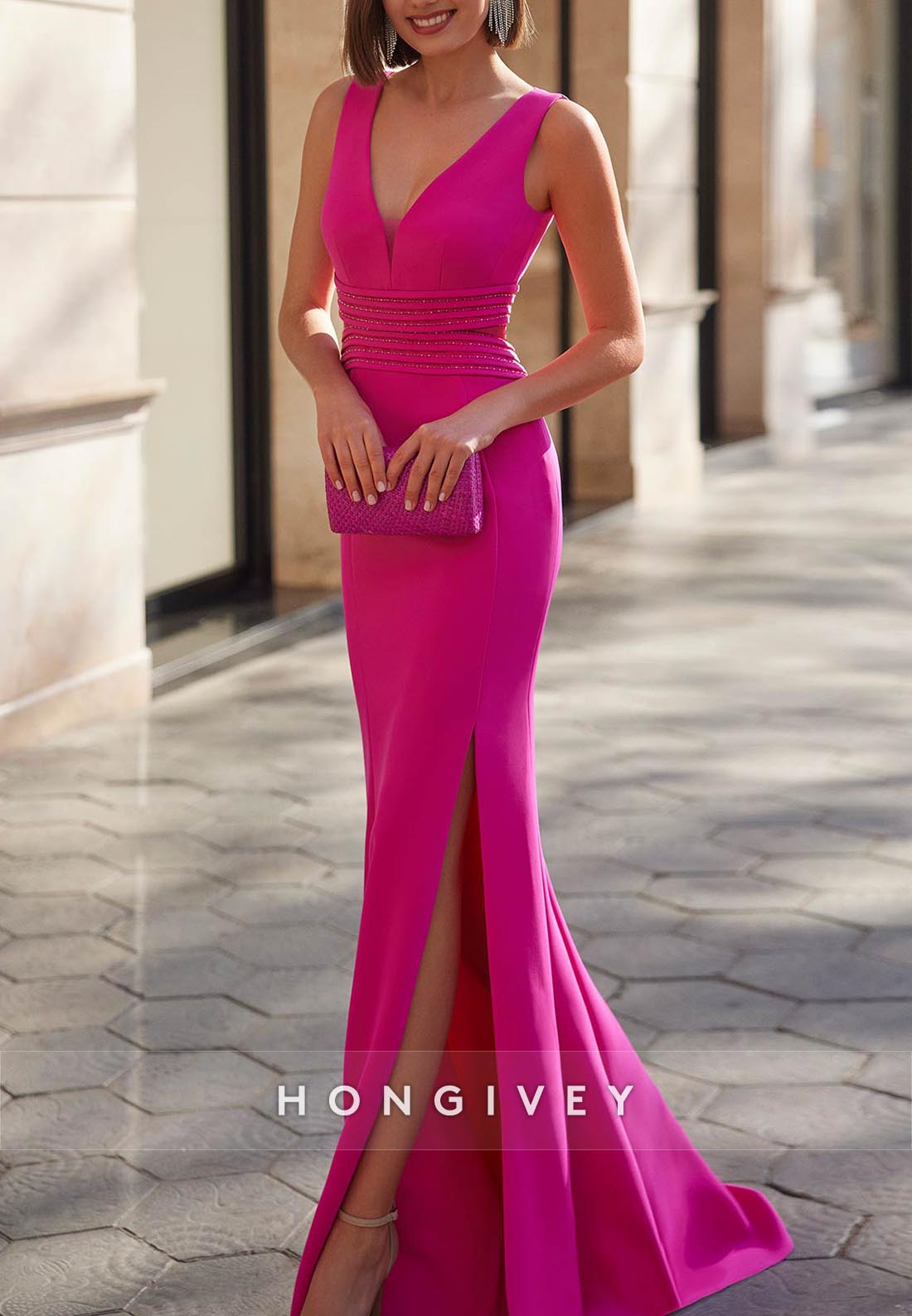V-neck Keyhole Back Side Slit Cape Two-Piece Crepe Guest Dress