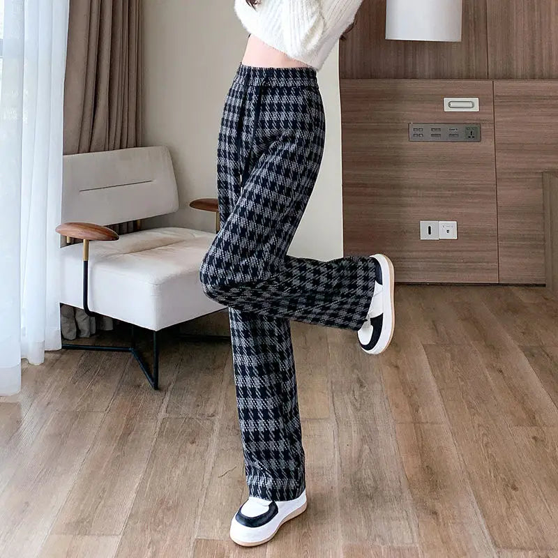 Plaid Drawstring Casual Wide Leg Pants