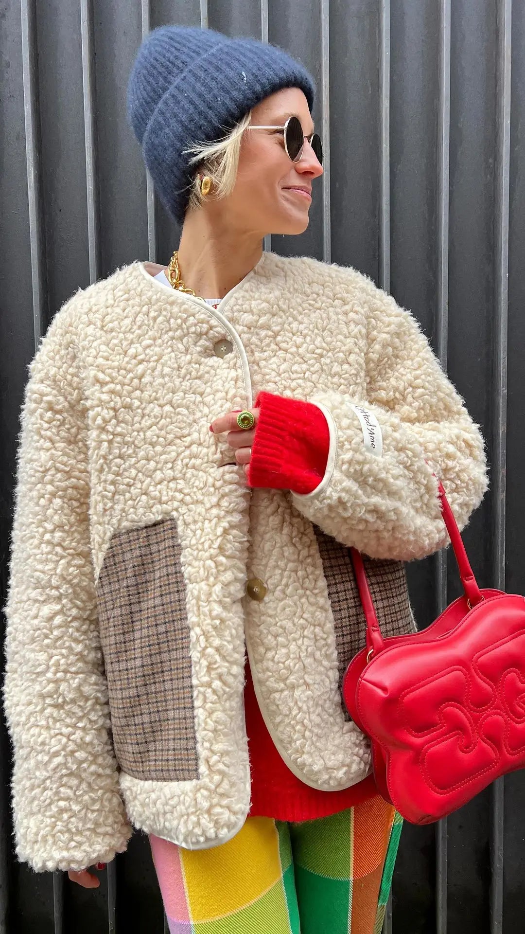 Single Breasted O-neck Long Sleeved Color-blocked Checkered Pocket Coats - Fashionpara