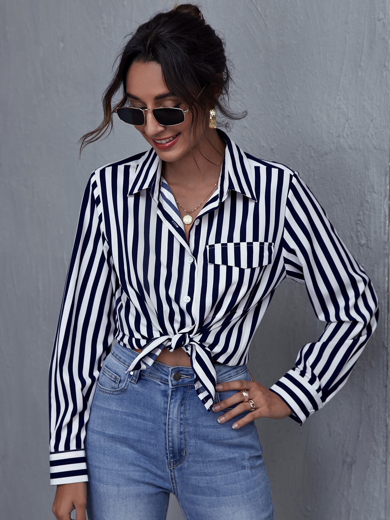 Single Breasted Striped Blouse - Fashionpara