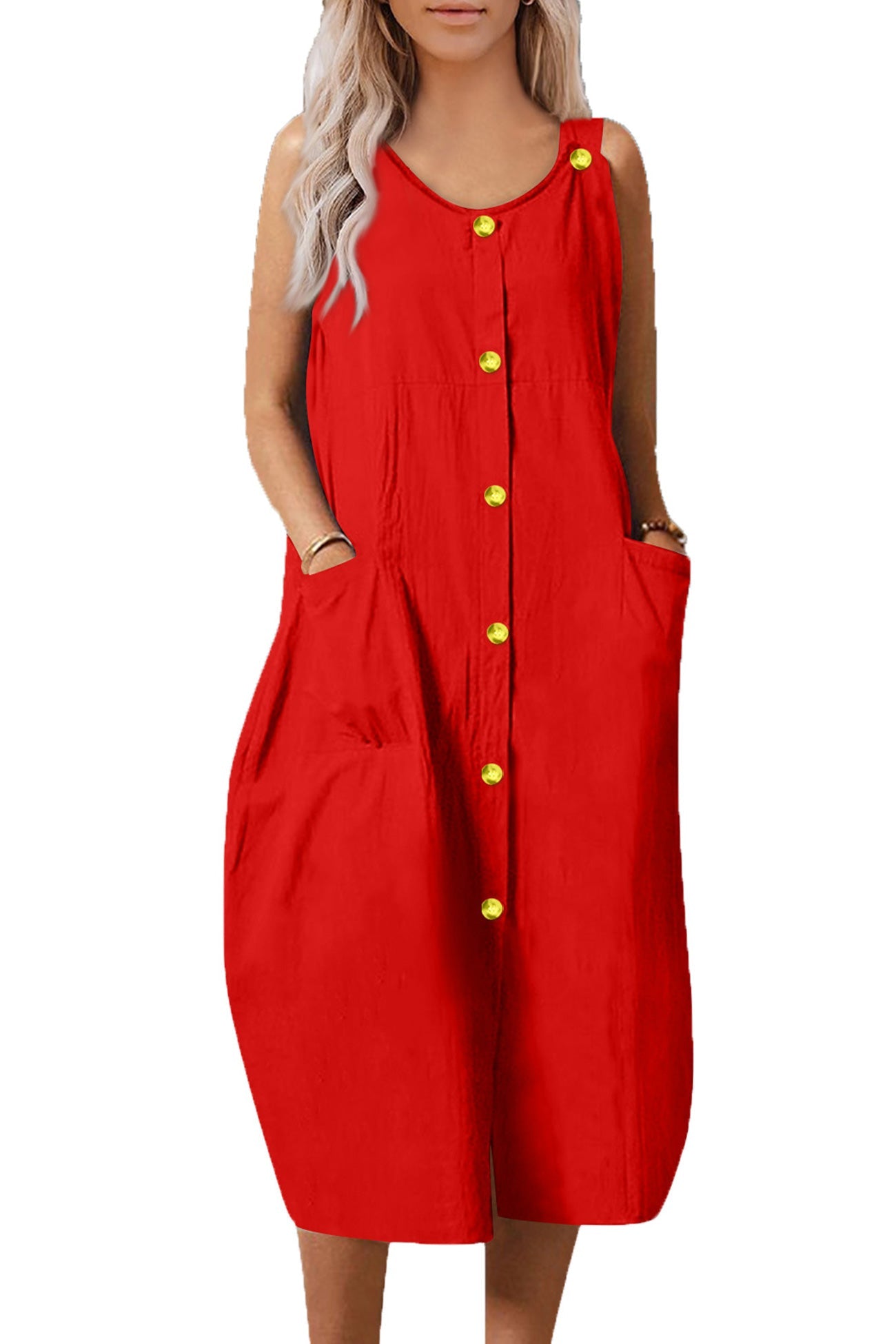 Single-breasted Pocketed Cotton Sundress - Fashionpara