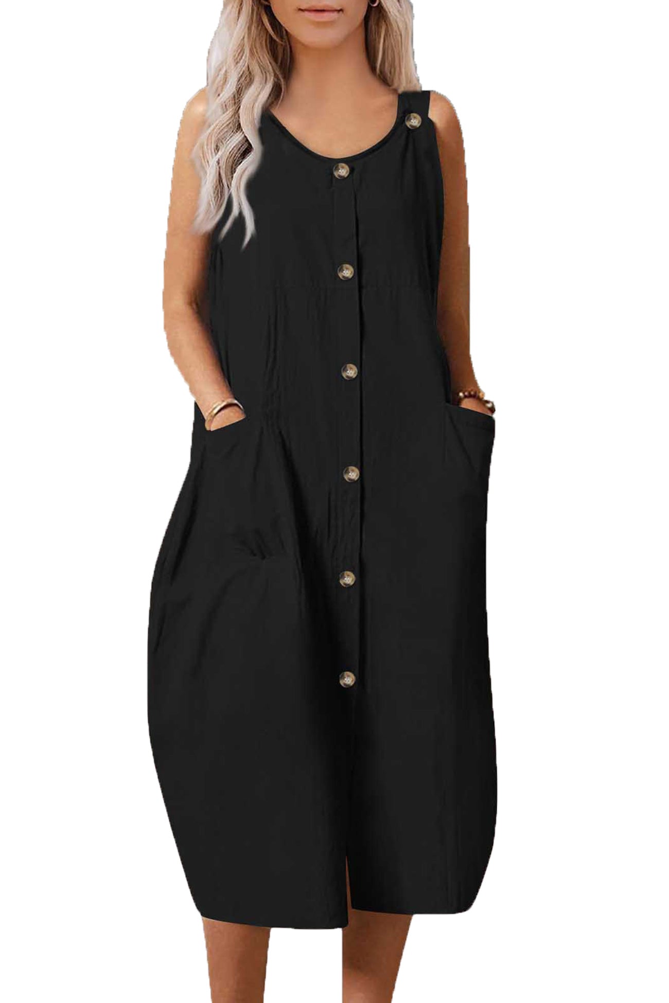 Single-breasted Pocketed Cotton Sundress - Fashionpara