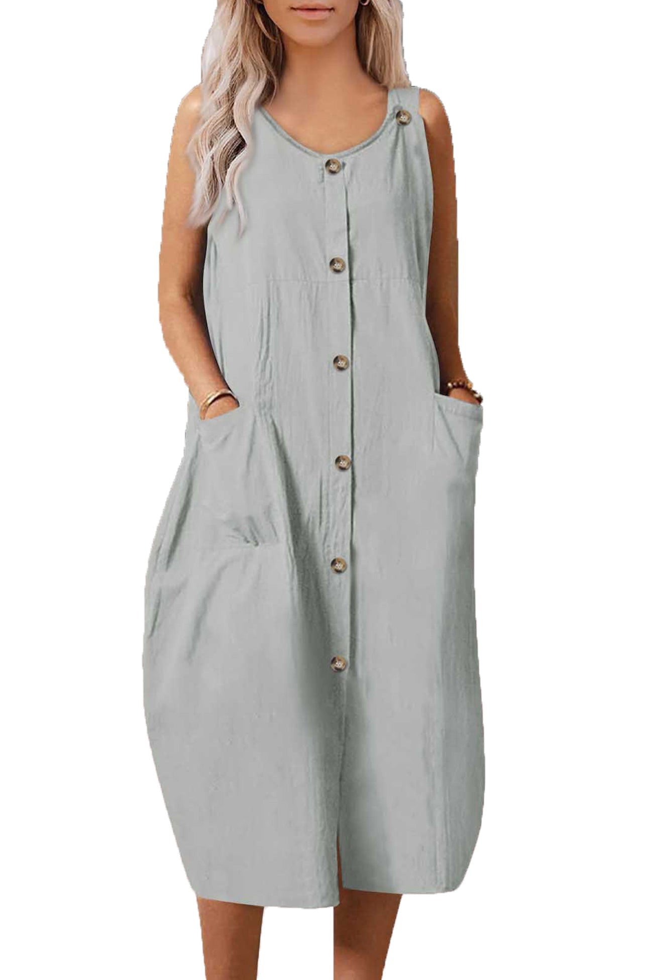 Single-breasted Pocketed Cotton Sundress - Fashionpara