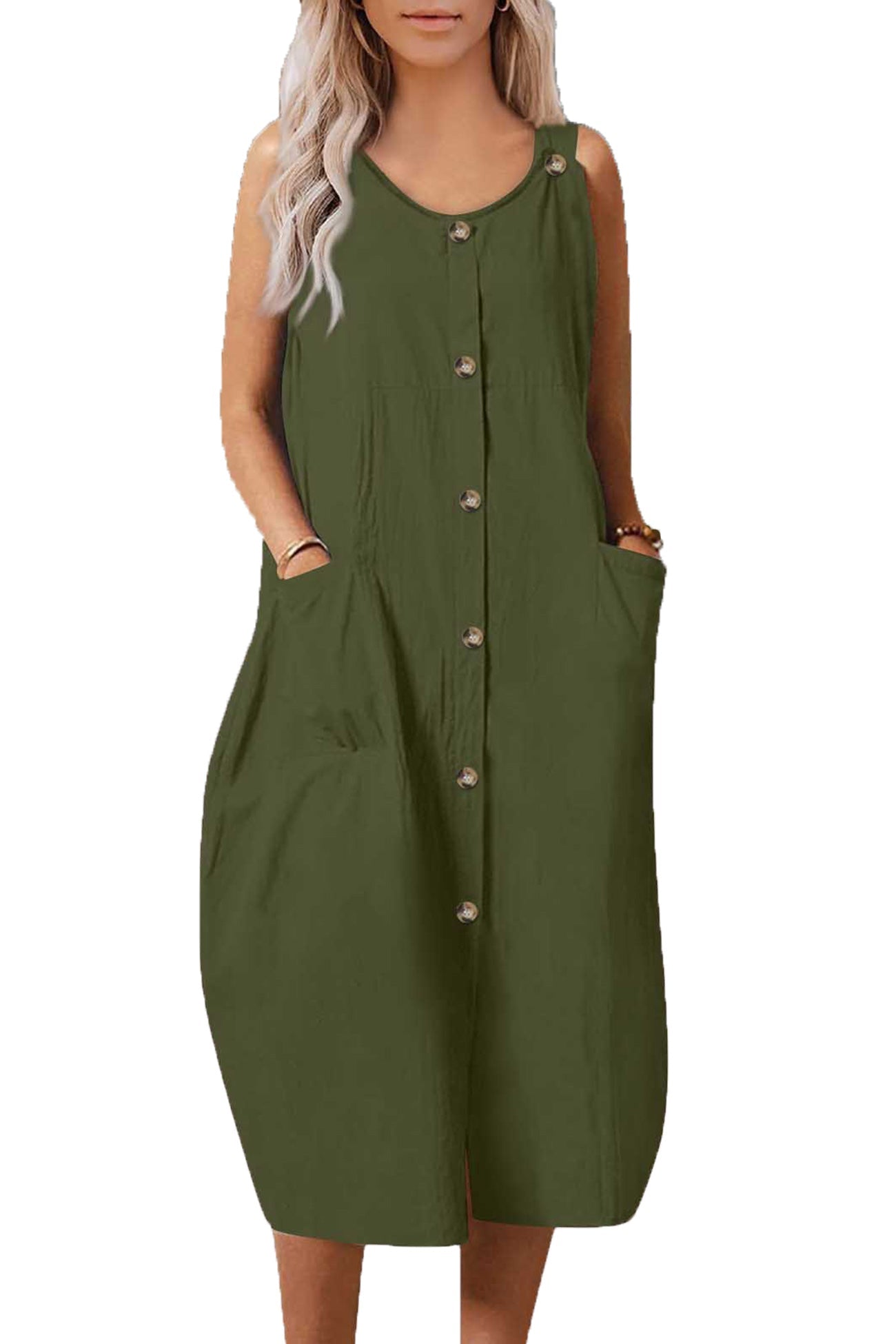 Single-breasted Pocketed Cotton Sundress - Fashionpara