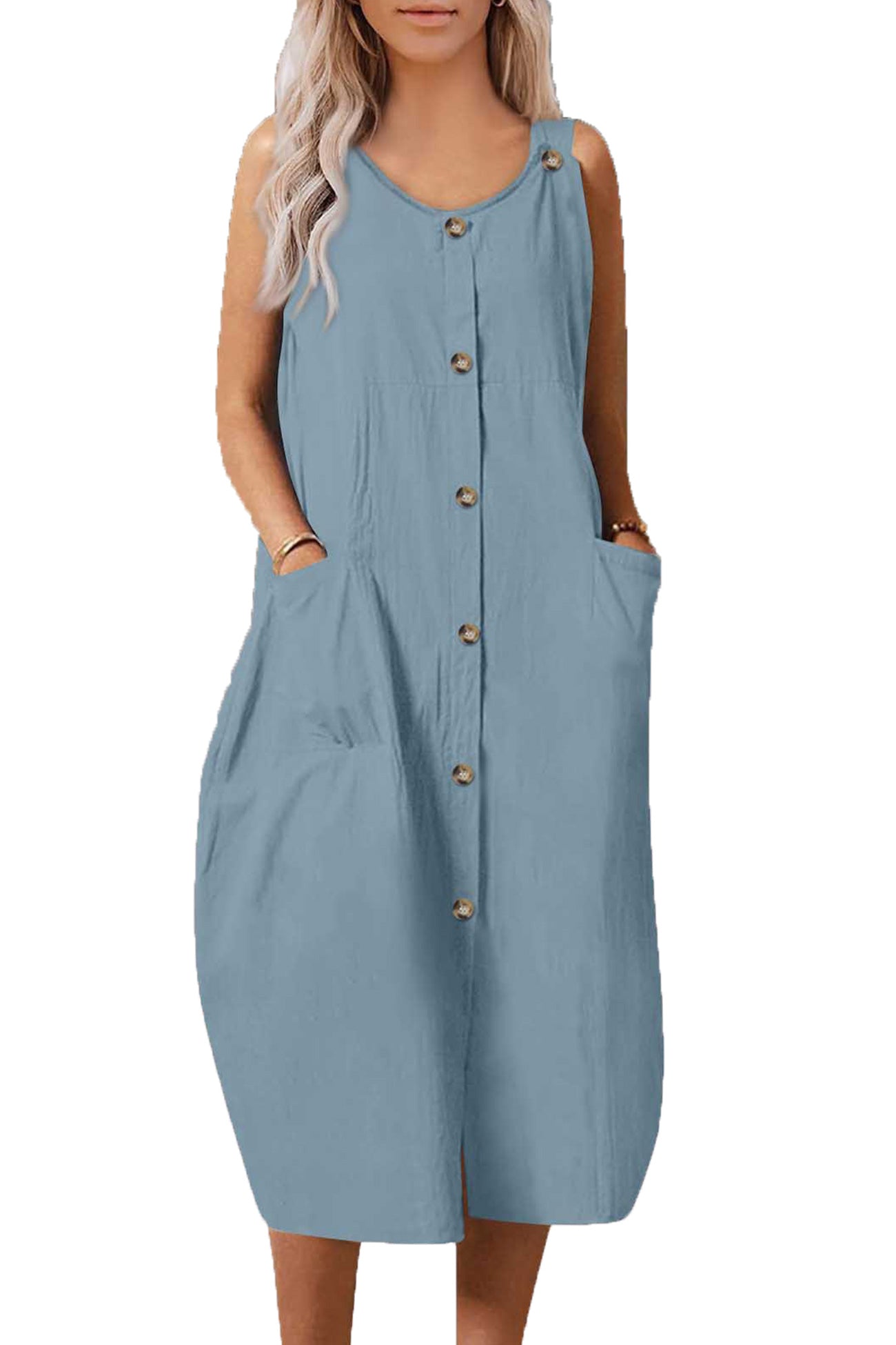 Single-breasted Pocketed Cotton Sundress - Fashionpara