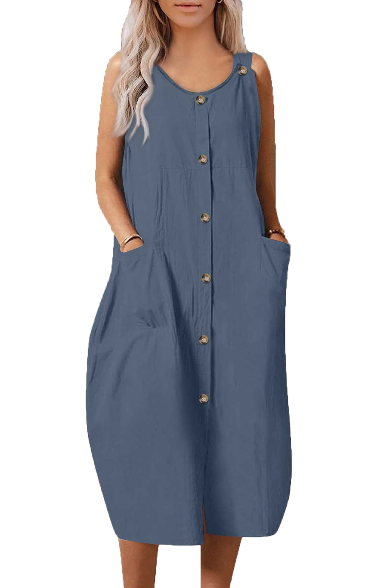 Single-breasted Pocketed Cotton Sundress - Fashionpara