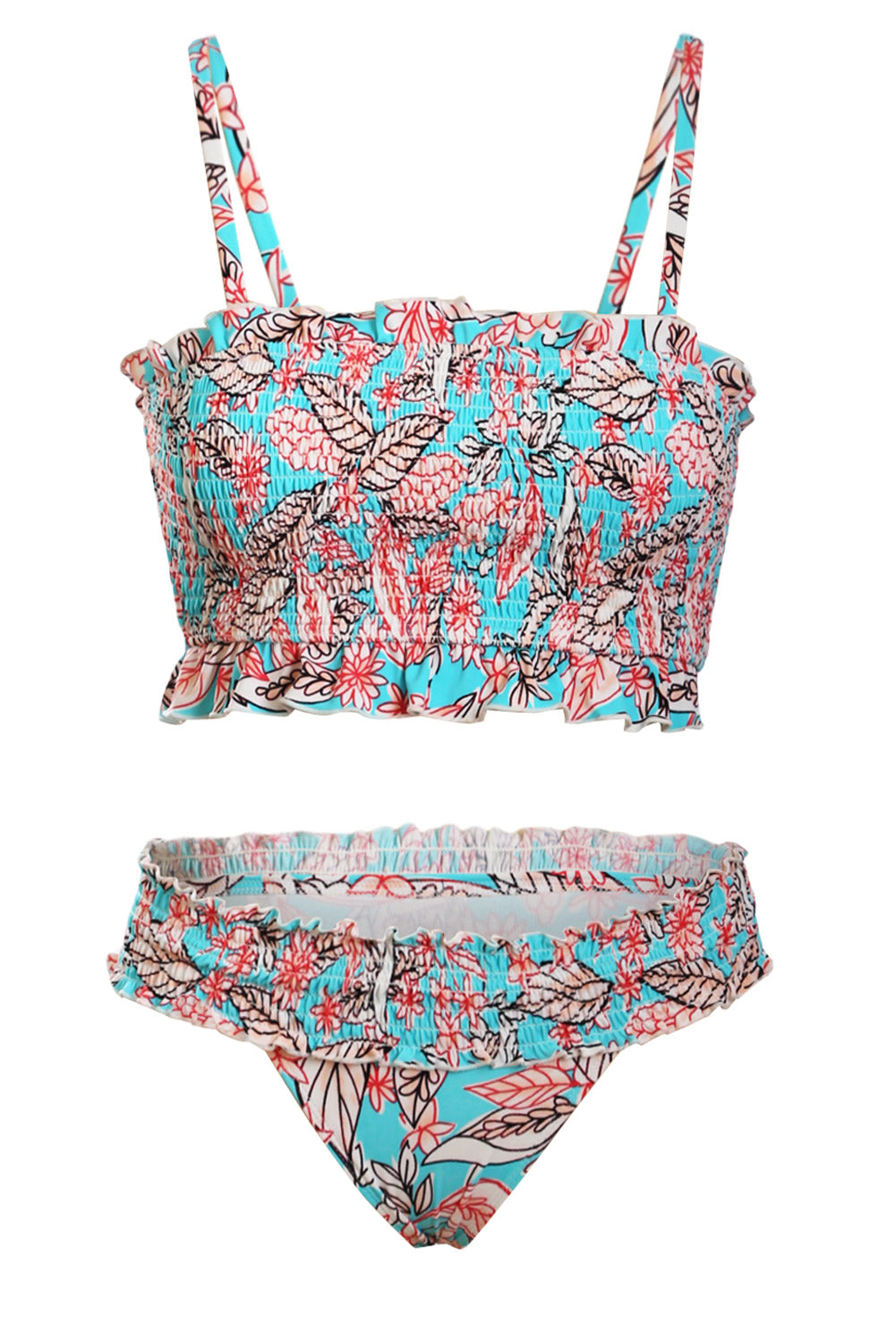 Sky Blue Cute Floral Patterned Smocked Bikini Set