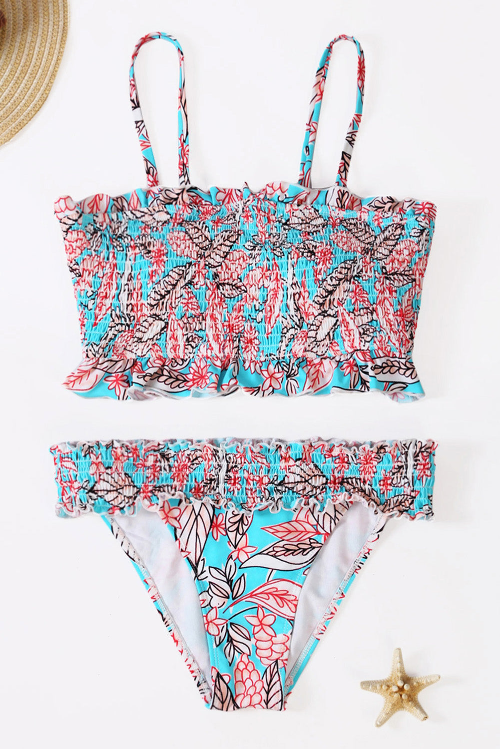 Sky Blue Cute Floral Patterned Smocked Bikini Set