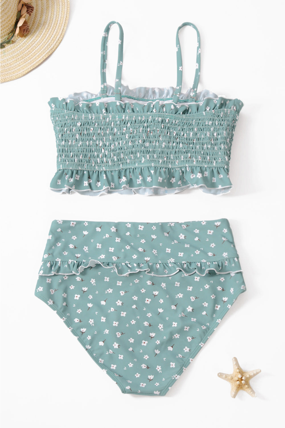 Sky Blue Floral Print Bandeau Smocked High Waist Bikini Set