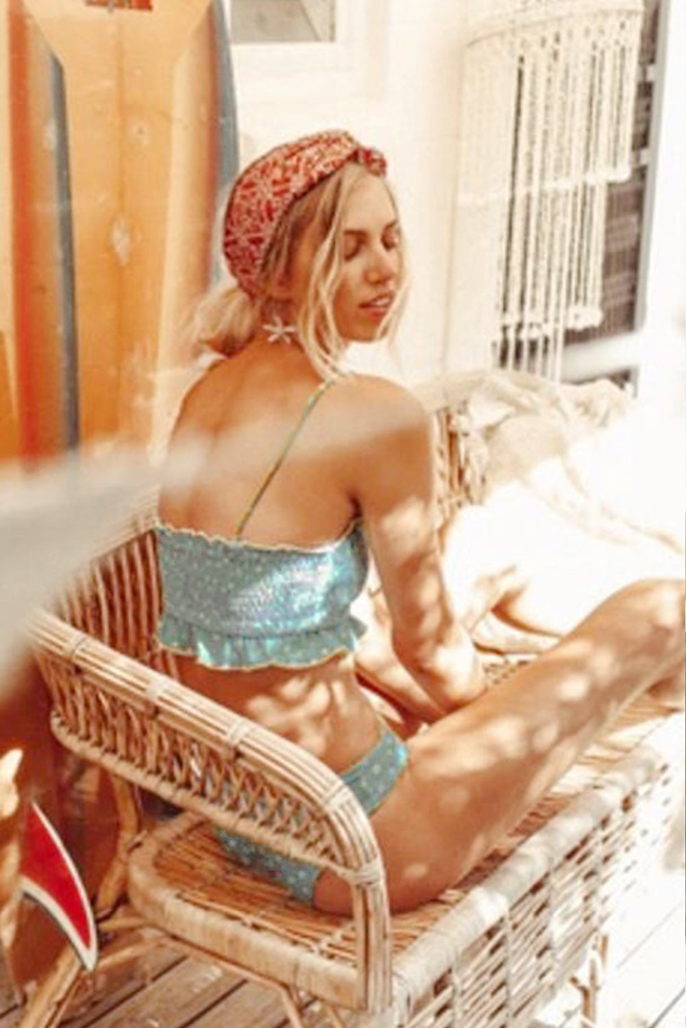 Sky Blue Floral Print Bandeau Smocked High Waist Bikini Set